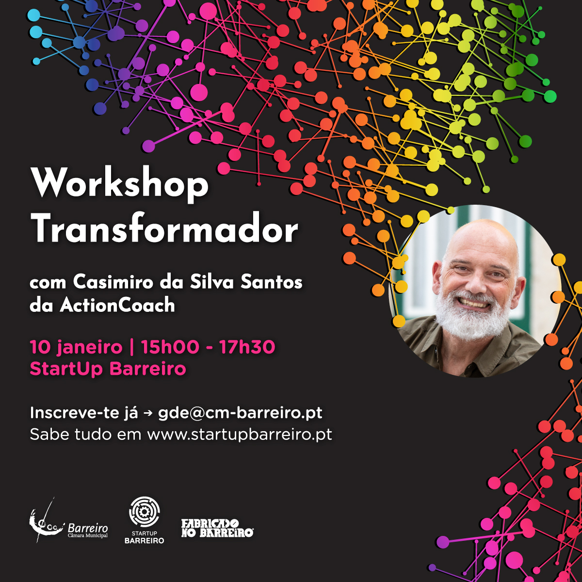 Cartaz do "Workshop Transformador" de dia 10 de janeiro de 2024, na StartUp Barreiro